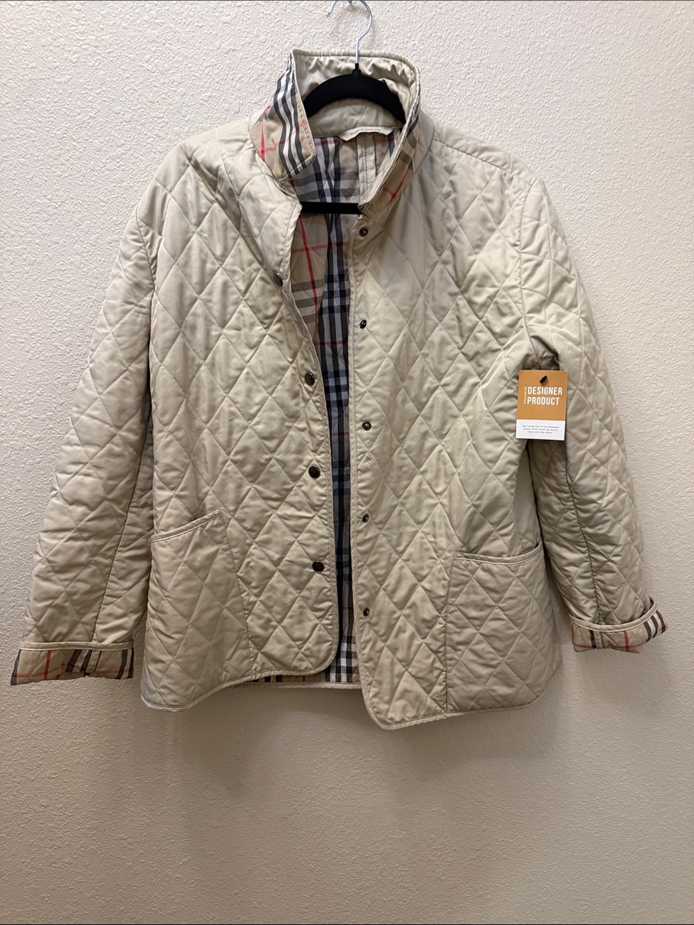 Burberry Kids Quilted Jacket in Beige with Plaid Trim